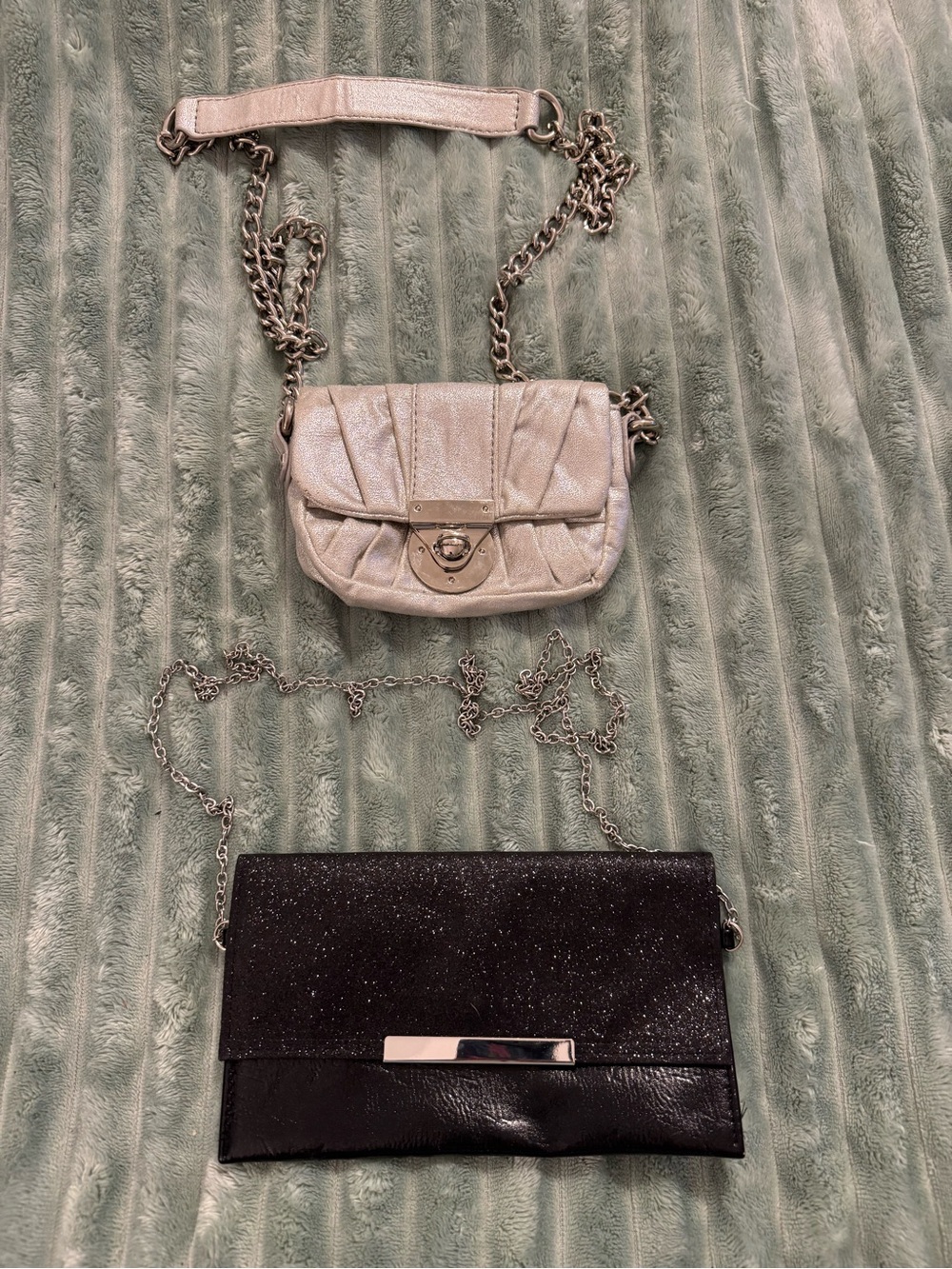 Metallic Silver Quilted Chain Crossbody Bag and cruise time clutch